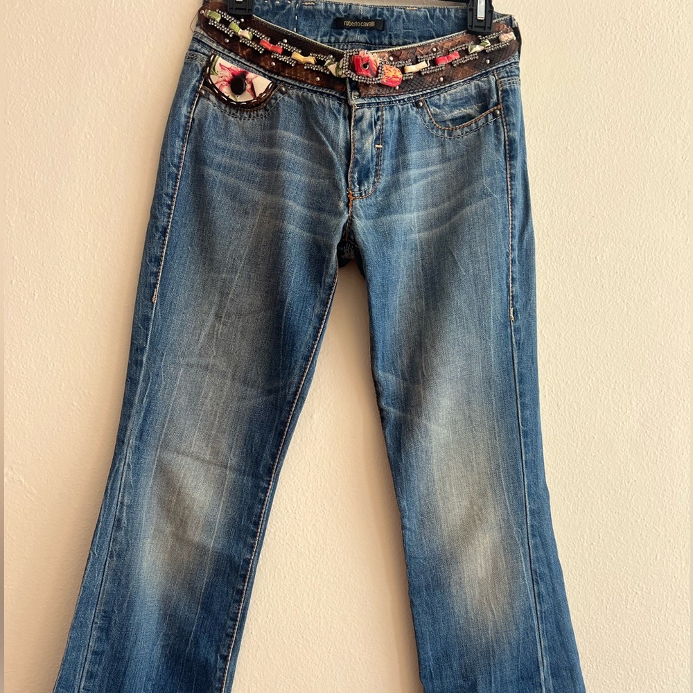 Vintage Roberto Cavalli Blue Women's Jeans Piton Skin Crystal Italy Size 40 - Picture 2 of 16